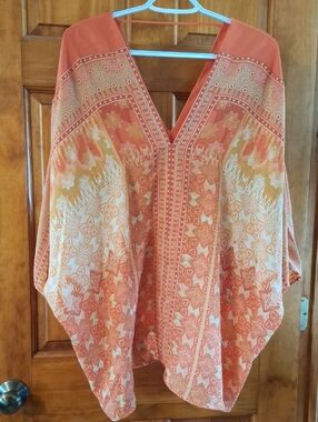 Women’s Orange Patterned V-Neck Boho Top Rose + Olive 2x Shirt